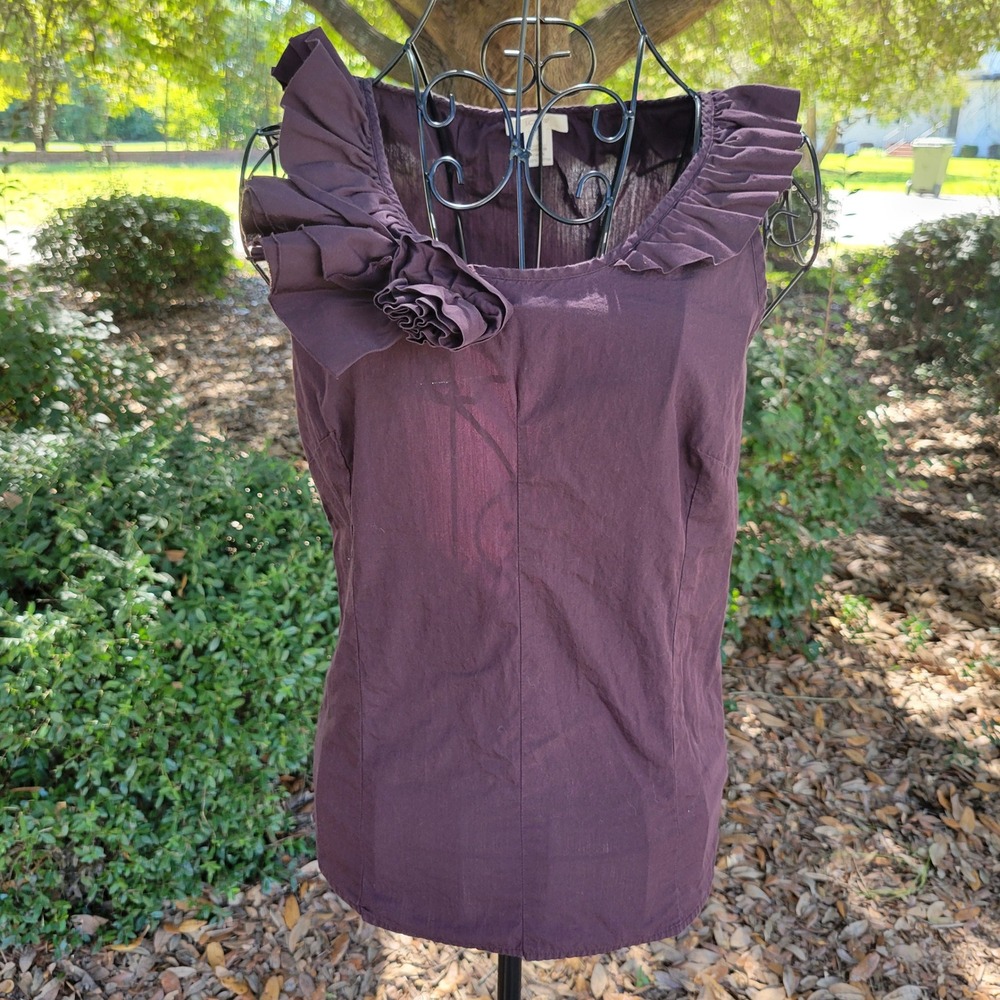 J Crew 0 Sleeveless Top Purple Ruffle Rosette Cotton Side Zip 26237 CAYLA Summer